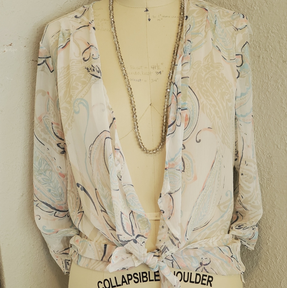 Chicos Cream Floral Open Front Kimono Coverup Size 2 - Picture 4 of 7
